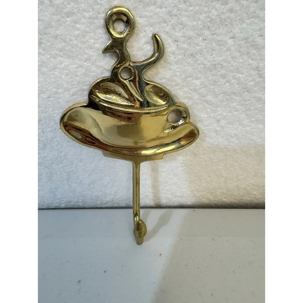 Kemp & Beatley Vintage Metal Brass Teapot & Coffee Cup Wall Hooks Set Of 3
